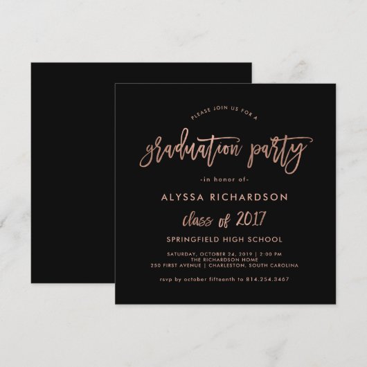 Modern script | GraduPartij Faux Roos Gold Kaart (Voorkant / Achterkant)