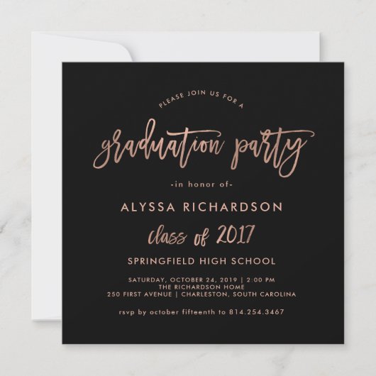Modern script | GraduPartij Faux Roos Gold Kaart (Voorkant)