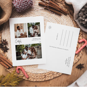 Modern script Grateful Centered Three-Photo Feestdagenkaart