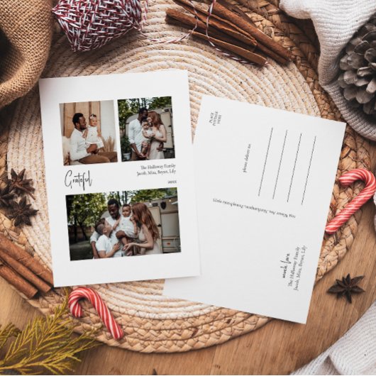 Modern script Grateful Centered Three-Photo Feestdagenkaart