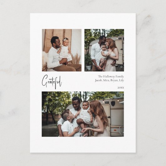 Modern script Grateful Centered Three-Photo Feestdagenkaart (Voorkant)