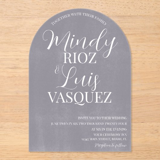 Modern Script Gray Washed Stone Rustic Wedding Acryl Uitnodigingen (Voorkant)