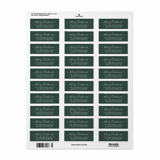 Modern Script Green Christmas Return Adreslabel Etiket (Full Sheet)