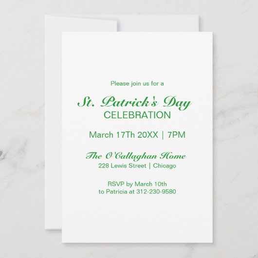 Modern Script Green Glitter St Patrick's Day Party Kaart (Achterkant)