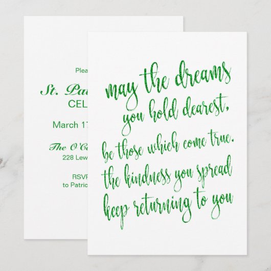 Modern Script Green Glitter St Patrick's Day Party Kaart (Voorkant / Achterkant)