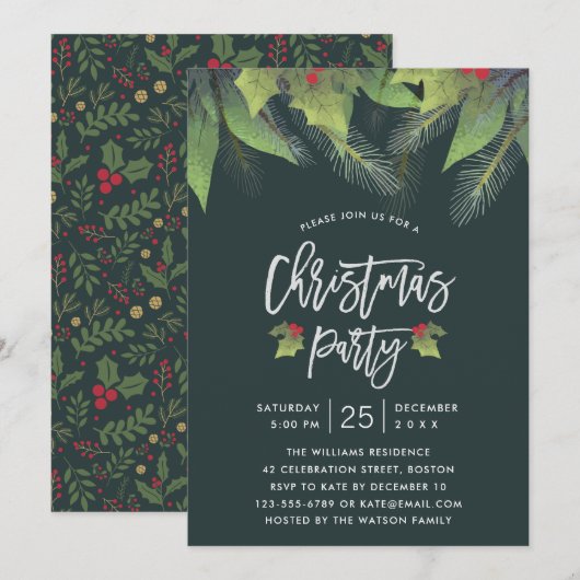 Modern Script Green Holly Leaf Kerstparty Kaart (Voorkant / Achterkant)