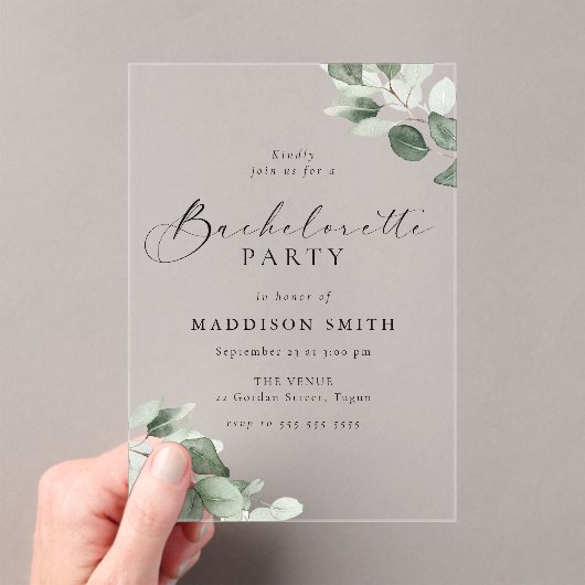 Modern Script Green Leaf Bachelorette Party Acryl Uitnodigingen (Insitu (Draagbaar))