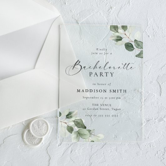 Modern Script Green Leaf Bachelorette Party Acryl Uitnodigingen