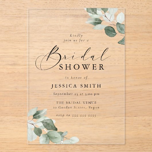 Modern Script Green Leaf Bridal Shower Acryl Uitnodigingen (Voorkant)