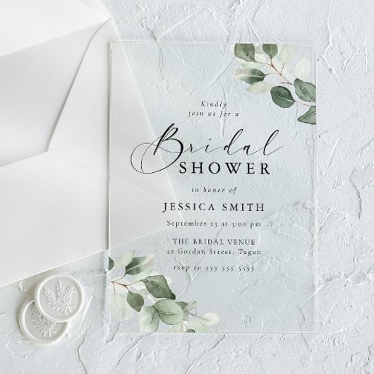 Modern Script Green Leaf Bridal Shower Acryl Uitnodigingen