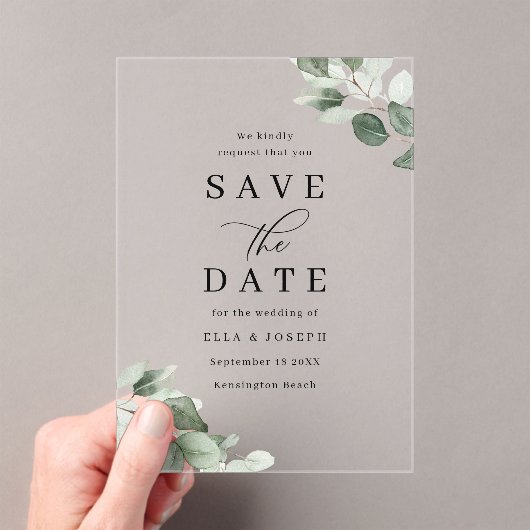 Modern Script Green Leaf Wedding Save The Date Acryl Uitnodigingen (Insitu (Draagbaar))