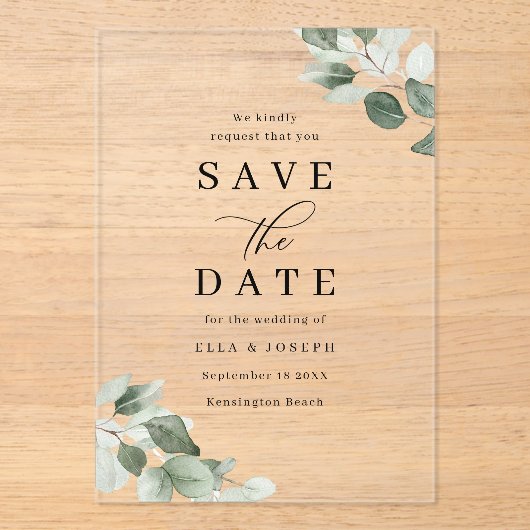 Modern Script Green Leaf Wedding Save The Date Acryl Uitnodigingen (Voorkant)