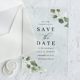 Modern Script Green Leaf Wedding Save The Date Acryl Uitnodigingen