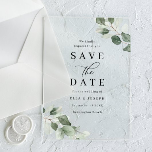 Modern Script Green Leaf Wedding Save The Date Acryl Uitnodigingen