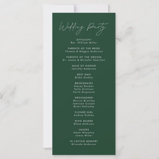 Modern Script Green Wedding Programma (Achterkant)