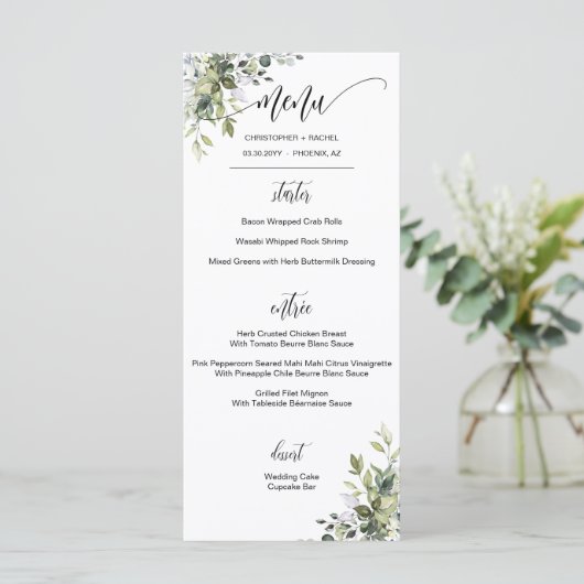 Modern Script Greenery Garden Wedding Event Menu (Staand voorkant)