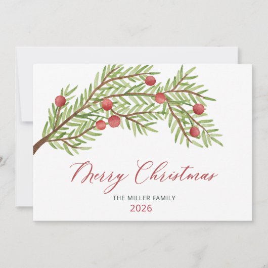 Modern Script Greenery Rode bessen Kerstmis Feestdagenkaart (Voorkant)