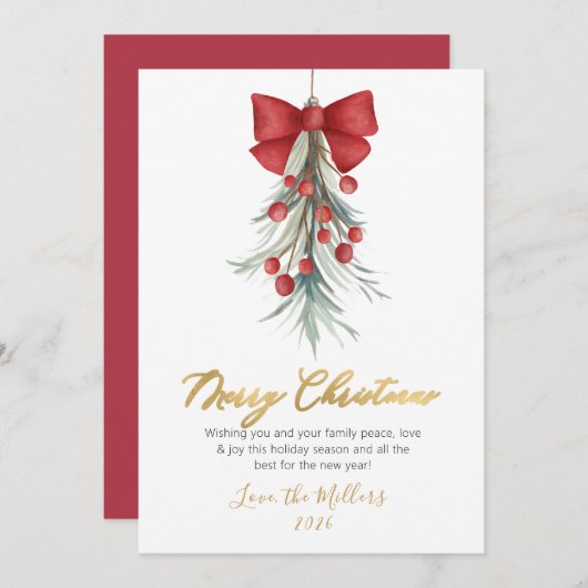 Modern Script Greenery Rode bessen Kerstmis Feestdagenkaart (Voorkant / Achterkant)