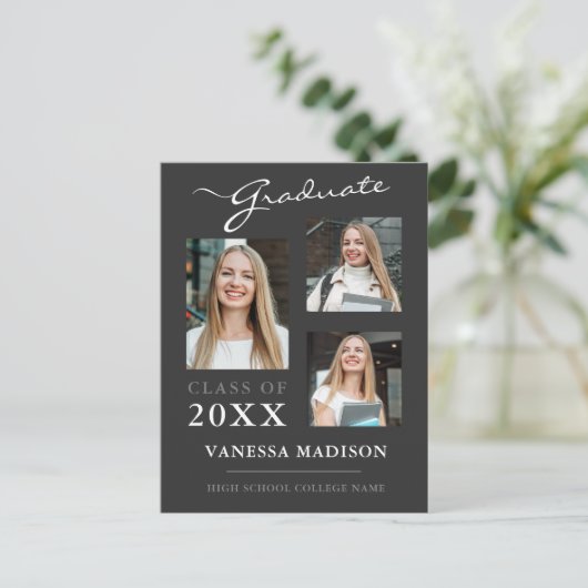 Modern Script Grey Afstuderen Aankondiging Briefkaart (Staand voorkant)