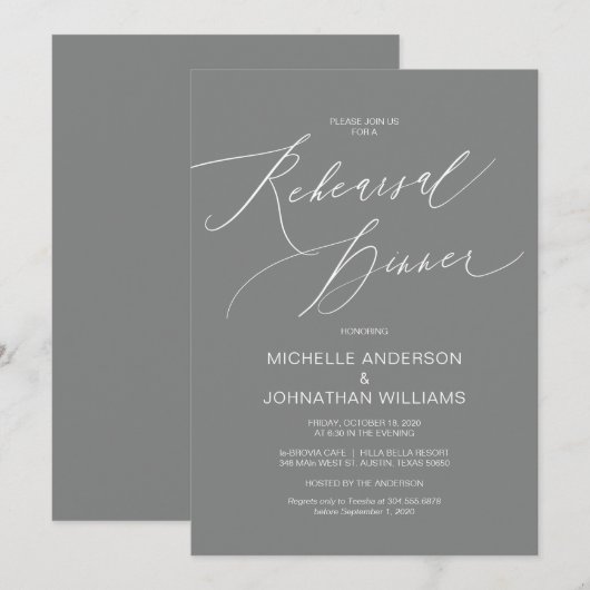 Modern script, grijs, bruiloft-repetitie kaart (Voorkant / Achterkant)