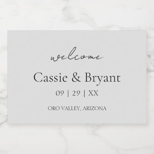 Modern Script Grijs Elegant Bruiloft Welkom Gift Sparkling Wijnetiket (Enkel label)