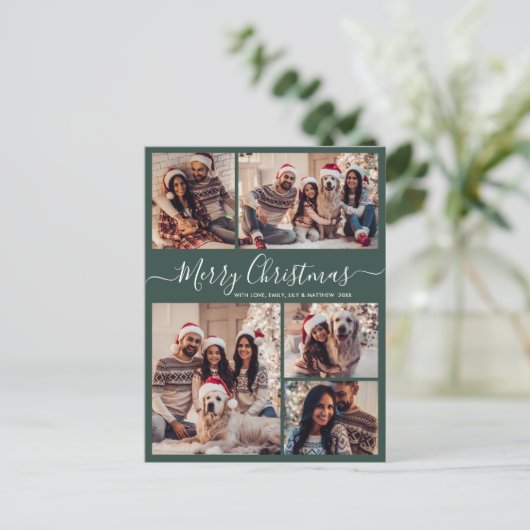 Modern Script Groen 5 Fotocollage Kerstmis Briefkaart (Staand voorkant)