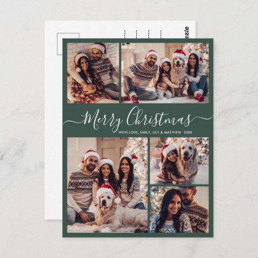 Modern Script Groen 5 Fotocollage Kerstmis Briefkaart (Voorkant / Achterkant)