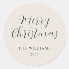 Modern Script Groen Beige Merry Christmas Custom Ronde Sticker