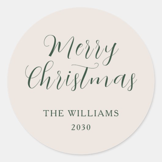 Modern Script Groen Beige Merry Christmas Custom Ronde Sticker (Voorkant)
