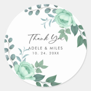 Modern Script groen bloemen bruiloft dank u Ronde Sticker