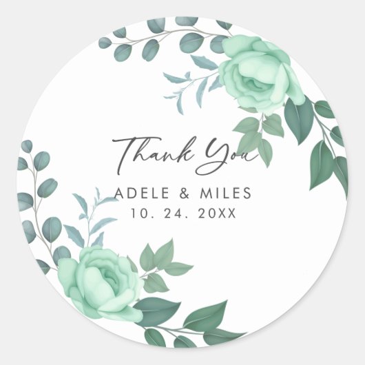 Modern Script groen bloemen bruiloft dank u Ronde Sticker (Voorkant)