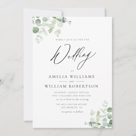 Modern script groen eucalyptus bruiloft kaart (Voorkant)