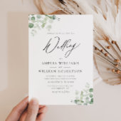 Modern script groen eucalyptus bruiloft kaart