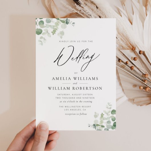 Modern script groen eucalyptus bruiloft kaart