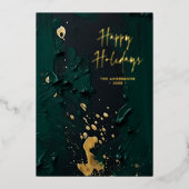 Modern Script Groen Goud Abstract Verf Kerst Folie Feestdagenkaart (Voorkant)