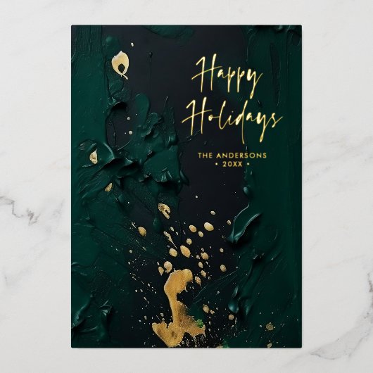 Modern Script Groen Goud Abstract Verf Kerst Folie Feestdagenkaart (Voorkant)