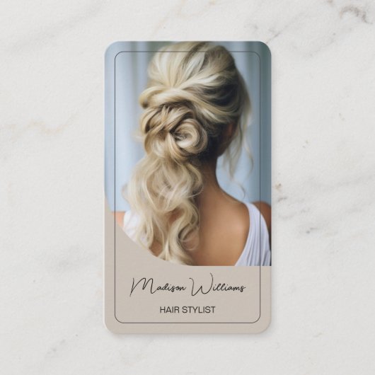 Modern Script Hair Stylist Salon Beige Visitekaartje (Voorkant)
