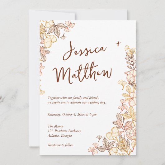 Modern Script Handgetekende Autumn Foliage bruilof Kaart (Voorkant)