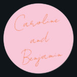 Modern Script Handschrift Bruiloft Roze en Sinaasa Ronde Sticker<br><div class="desc">Modern Script Handschrift Bruiloft Boho Dusty Roze en Sinaasappel Classic Ronde Sticker</div>