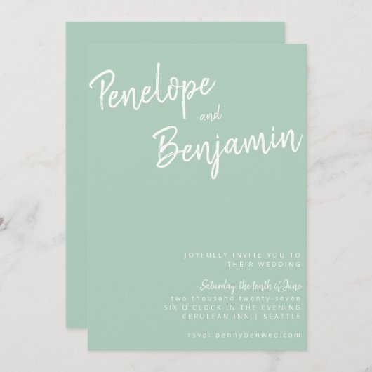 Modern Script Handschrift Groene Pistache bruiloft Kaart (Voorkant / Achterkant)