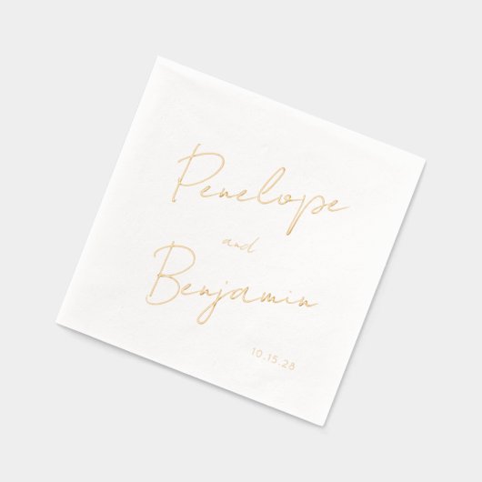 Modern Script Handschrift Huwelijk Wit en Goud Folie Servetten (Links)