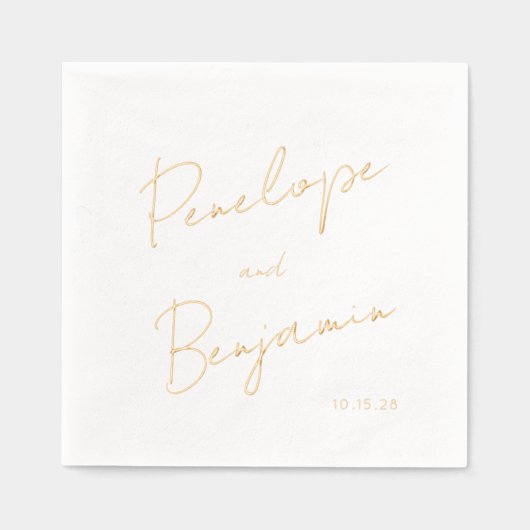 Modern Script Handschrift Huwelijk Wit en Goud Folie Servetten (Voorkant)
