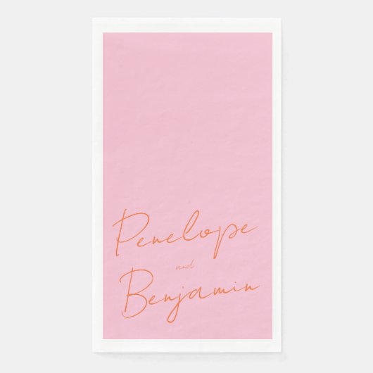 Modern Script Handschrift Roze en Oranje bruiloft Servet (Voorkant)