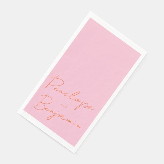 Modern Script Handschrift Roze en Oranje bruiloft Servet (Hoek)