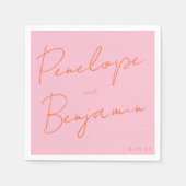 Modern Script Handschrift Roze en Oranje bruiloft Servet (Voorkant)