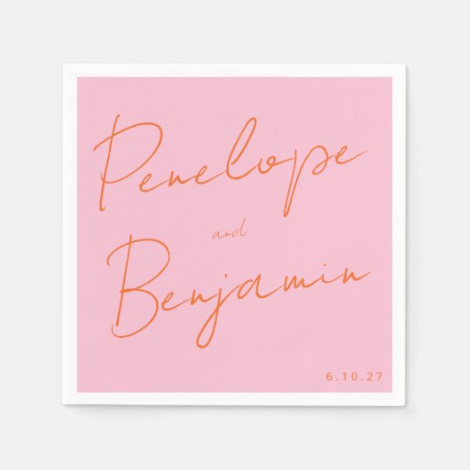 Modern Script Handschrift Roze en Oranje bruiloft Servet (Voorkant)
