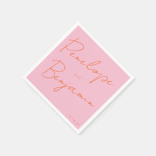 Modern Script Handschrift Roze en Oranje bruiloft Servet (Hoek)