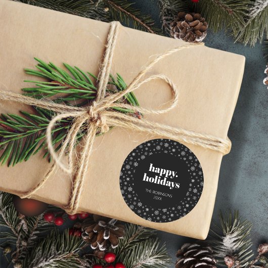 Modern script Happy Holiday Christmas Black White Ronde Sticker