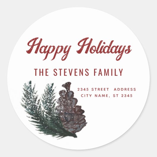 Modern script Happy Holiidays pine cone tak Ronde Sticker (Voorkant)