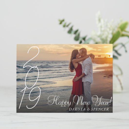 Modern script Happy New Jaren | Aangepaste foto va Feestdagenkaart (Staand voorkant)